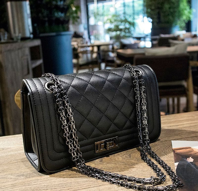 Black Rectangular Flap Bag with Black Chain