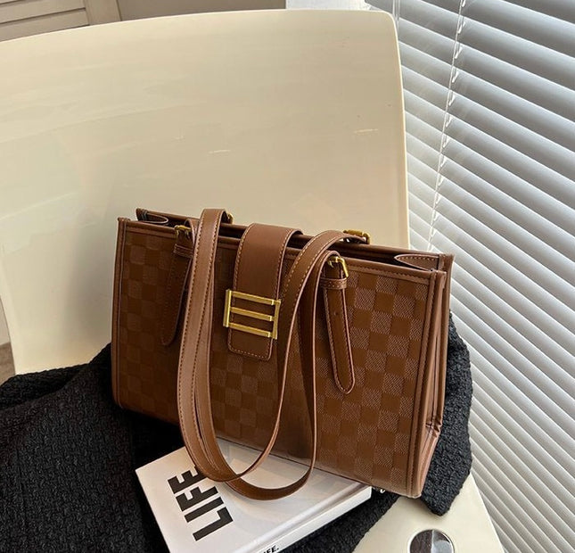 Checkered Tote Bag - Brown