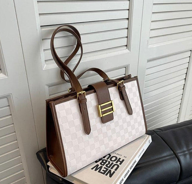 Checkered Tote Bag - White & Brown