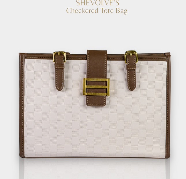 Checkered Tote Bag - White & Brown